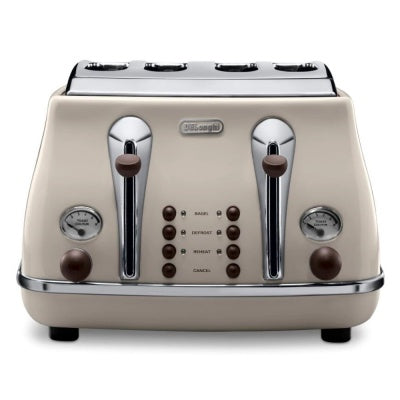Delonghi Vintage Icona 4 Slice Toaster beige with variable width slots, reheat, defrost, bagel settings – Keans Claremorris