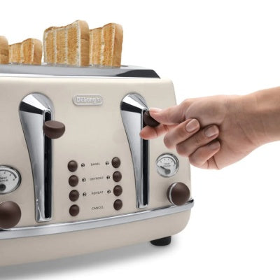 Delonghi CTOV4003.BG Vintage Icona 4 Slice Toaster in beige, retro design, available at Keans Claremorris.