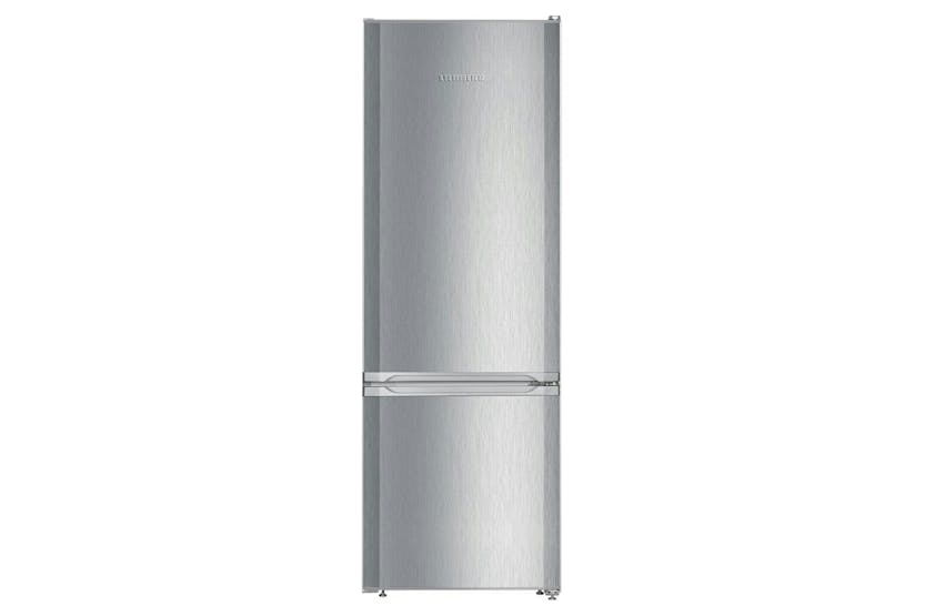 Liebherr CUele 2831 freestanding fridge freezer in silver with bottom freezer and recessed handles.