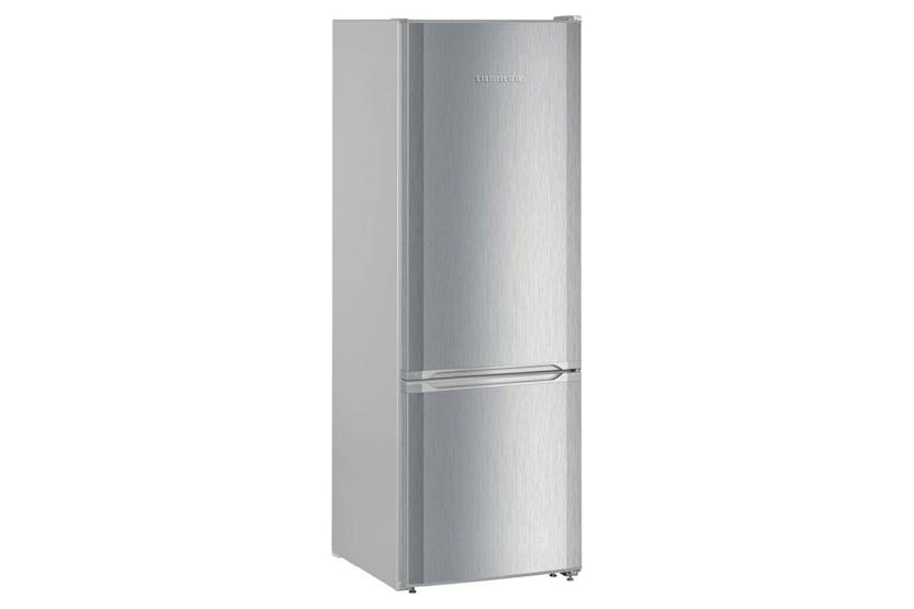 Liebherr freestanding fridge freezer in stainless steel with bottom freezer and integrated handles.