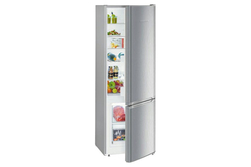 Liebherr freestanding fridge freezer with stainless steel finish, doors open showing stocked interior shelves and drawers.