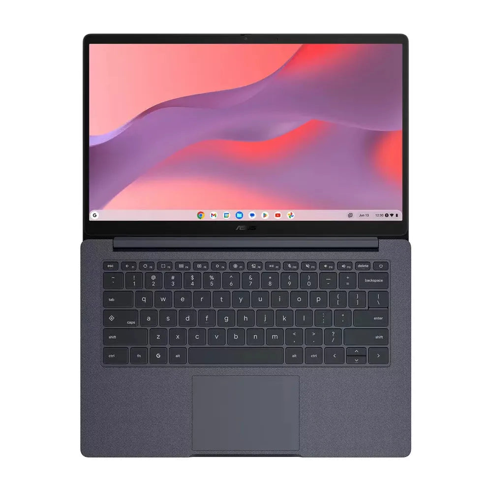 Asus 14" grey Chromebook open showing keyboard and screen with colorful abstract wallpaper