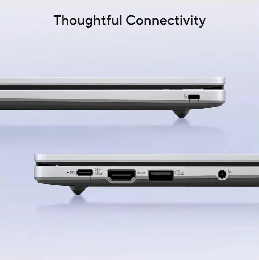 Side views of Asus 14" HD Celeron N4500 Chromebook in grey, showing USB-C, HDMI, USB-A, and headphone ports.