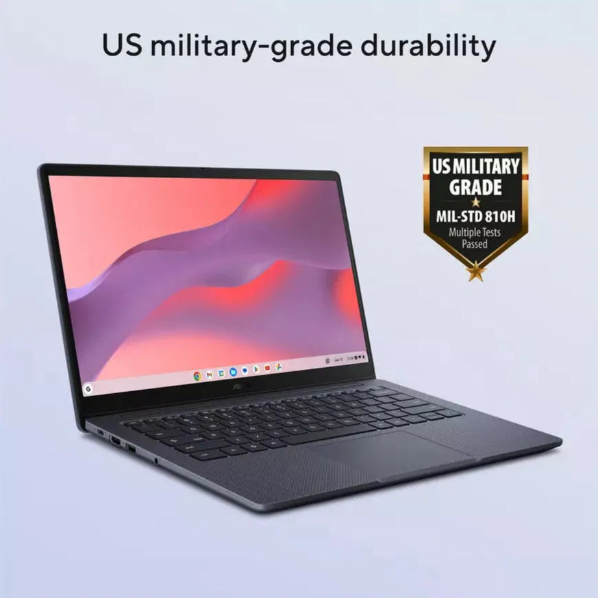 Asus 14" HD Chromebook in grey, open with screen and keyboard visible, showing a colorful abstract wallpaper.