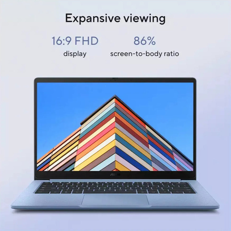 Asus 14" grey Chromebook open, showing colorful building on screen and keyboard with large touchpad.