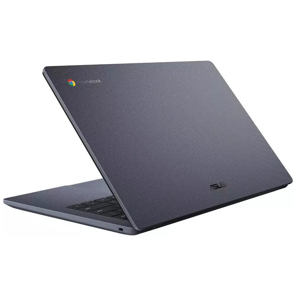 Grey Asus 14" Chromebook partially open, showing textured lid with Chrome and Asus logos.