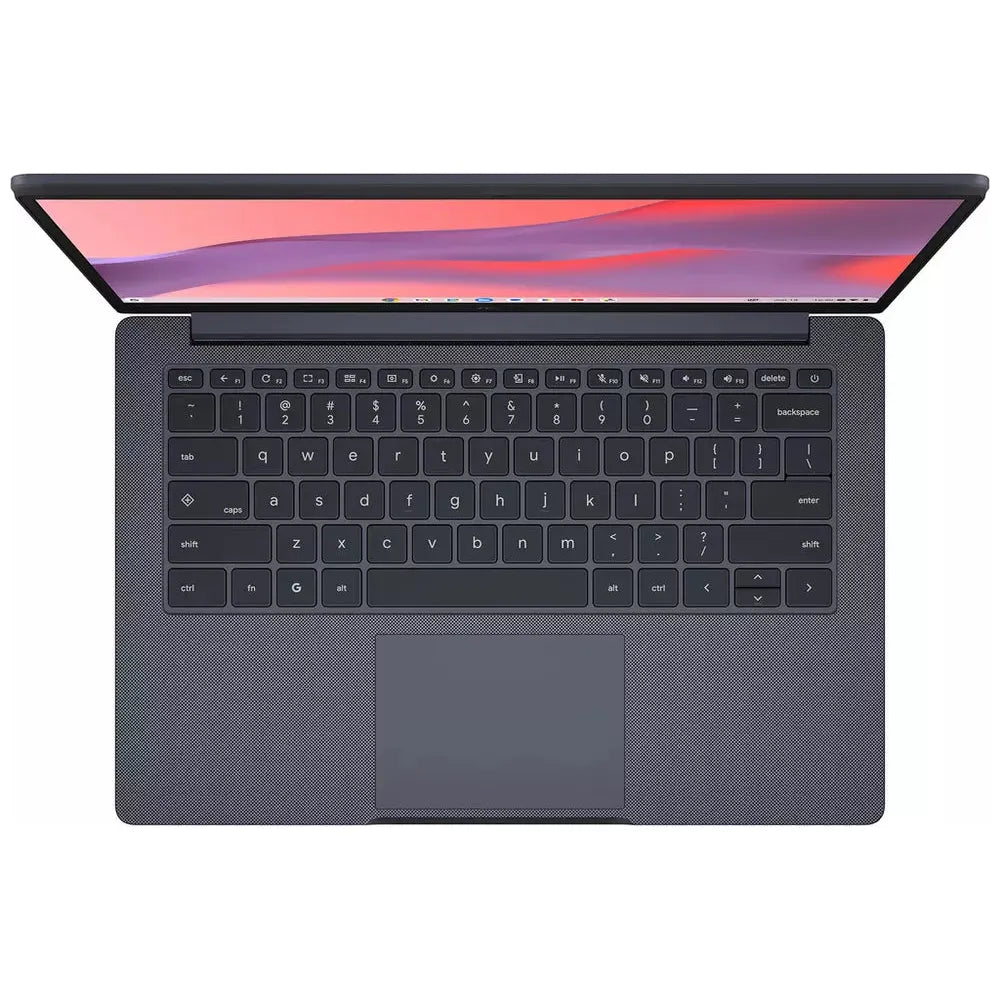 Top view of Asus 14" HD Chromebook keyboard and screen with grey textured palm rest.
