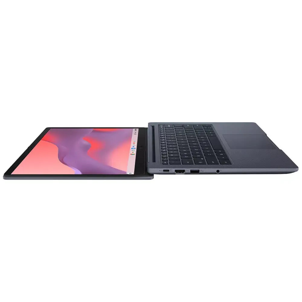 Grey Asus 14" Chromebook laying flat open with screen and keyboard visible from side angle