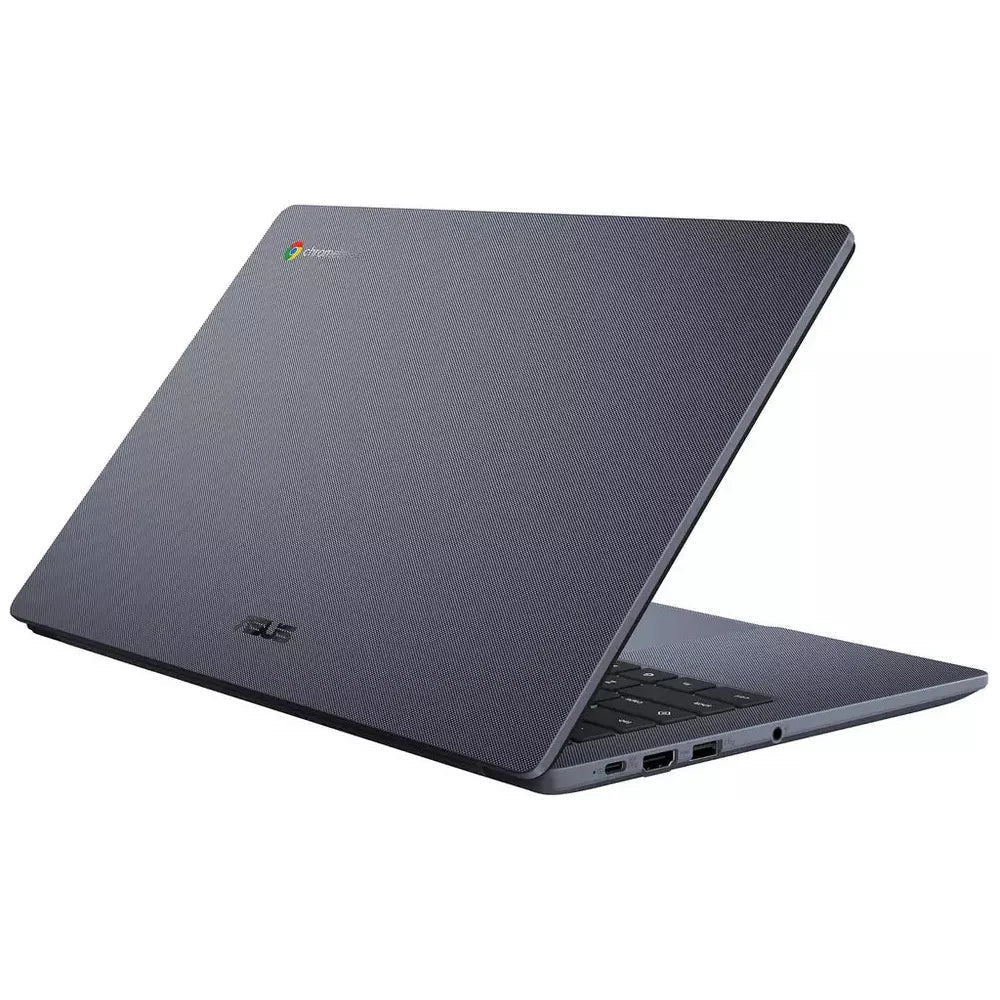 Grey Asus 14" Chromebook partially open, showing textured lid with Chrome and Asus logos and side ports.