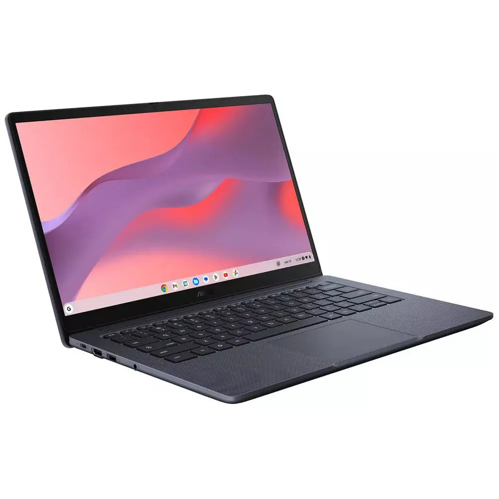 Grey Asus 14" Chromebook open at an angle, showing keyboard and screen with colorful abstract wallpaper.