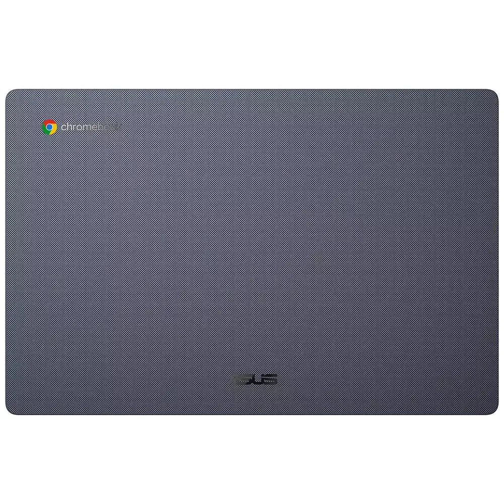 Top view of grey Asus 14" HD Celeron N4500 Chromebook with textured lid and Chromebook logo