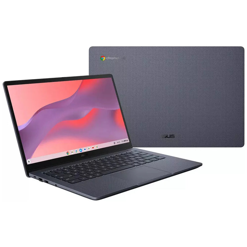 Asus 14" HD Chromebook in grey, open showing screen and keyboard, with closed laptop top cover visible behind.