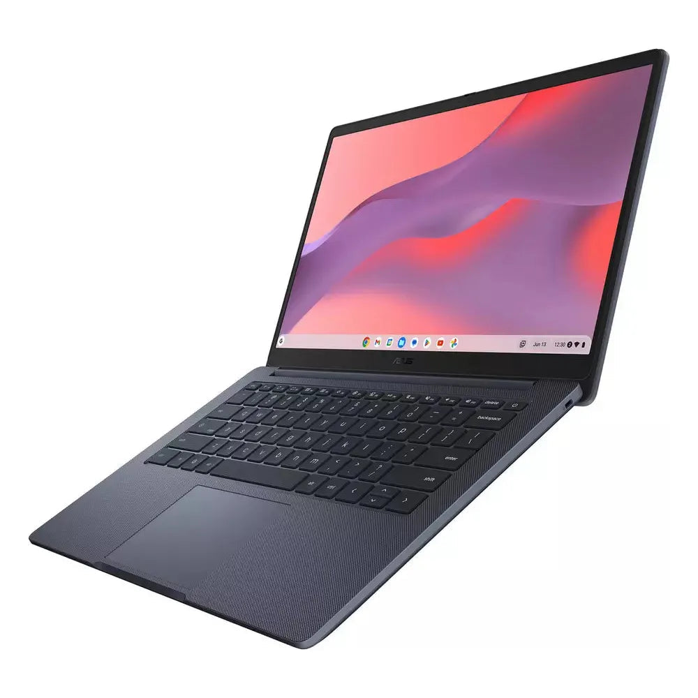 Asus 14" HD Chromebook in grey, open at an angle showing keyboard and screen with colorful wallpaper