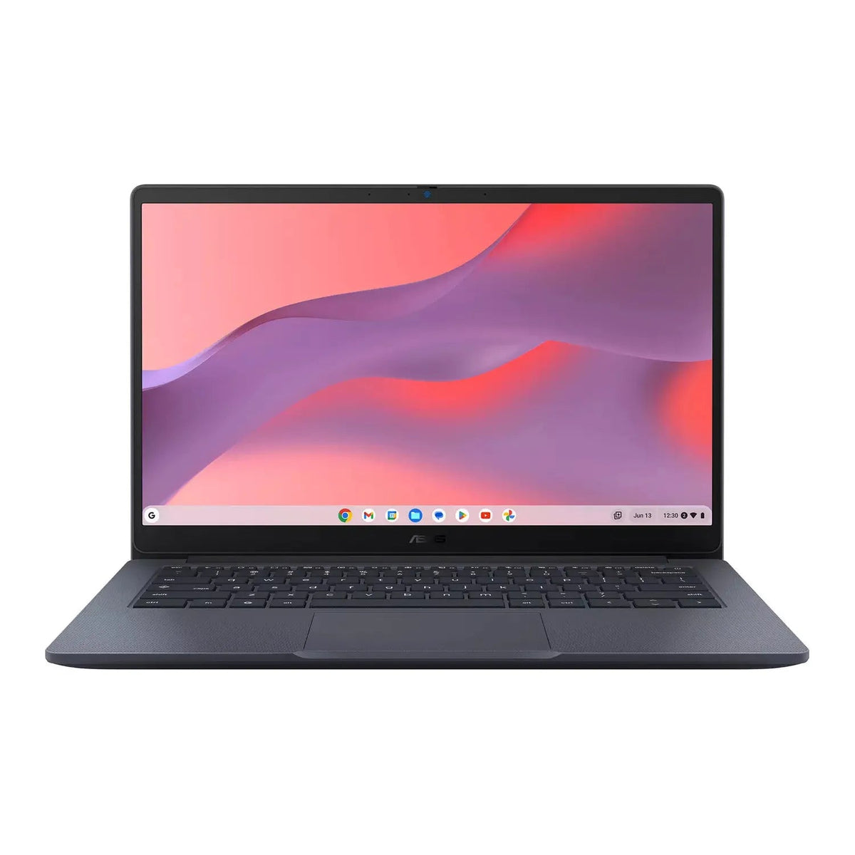 Asus 14" grey Chromebook open with colorful abstract wallpaper on screen and visible keyboard and touchpad