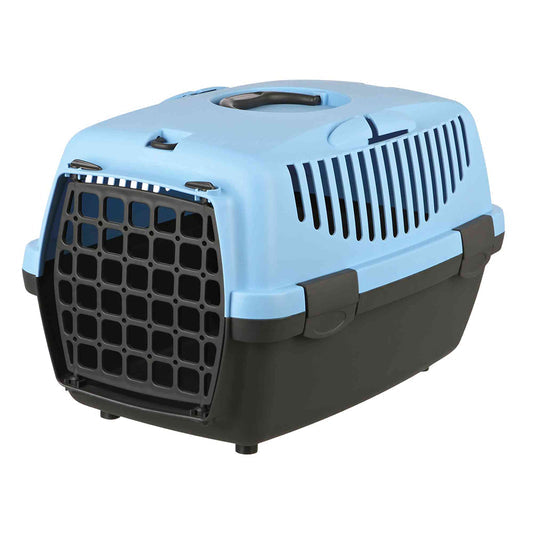 Blue Capri pet carrier box 37x34x55cm with ventilation, seatbelt attachment, removable lid, lightweight - Keans Claremorris