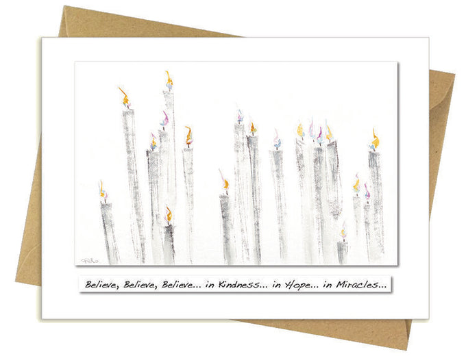 Believe Card featuring Irish candle tradition, inspiring kindness, hope, and miracles – available at Keans Claremorris.