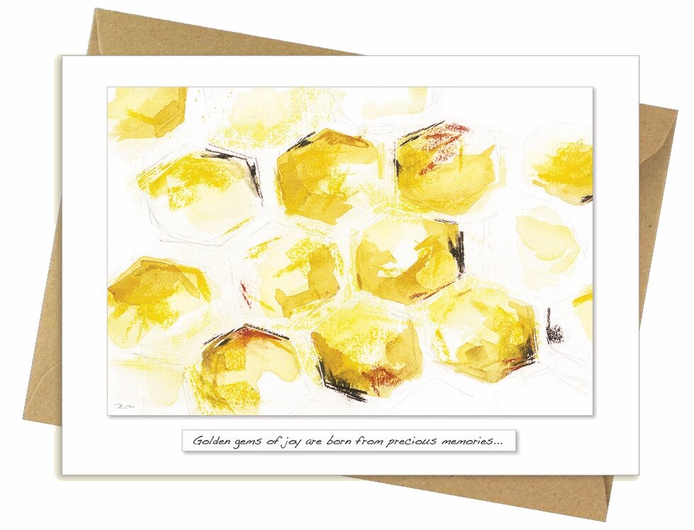 Golden Gems artwork featuring joyful memories and blessings, inspiring happiness – available at Keans Claremorris.