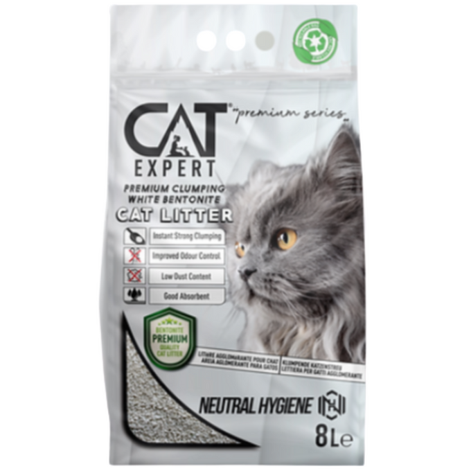 Cat Expert Neutral Clumping Litter 8L, ultra absorbent, dust-free, odor control, premium white bentonite granules - Keans