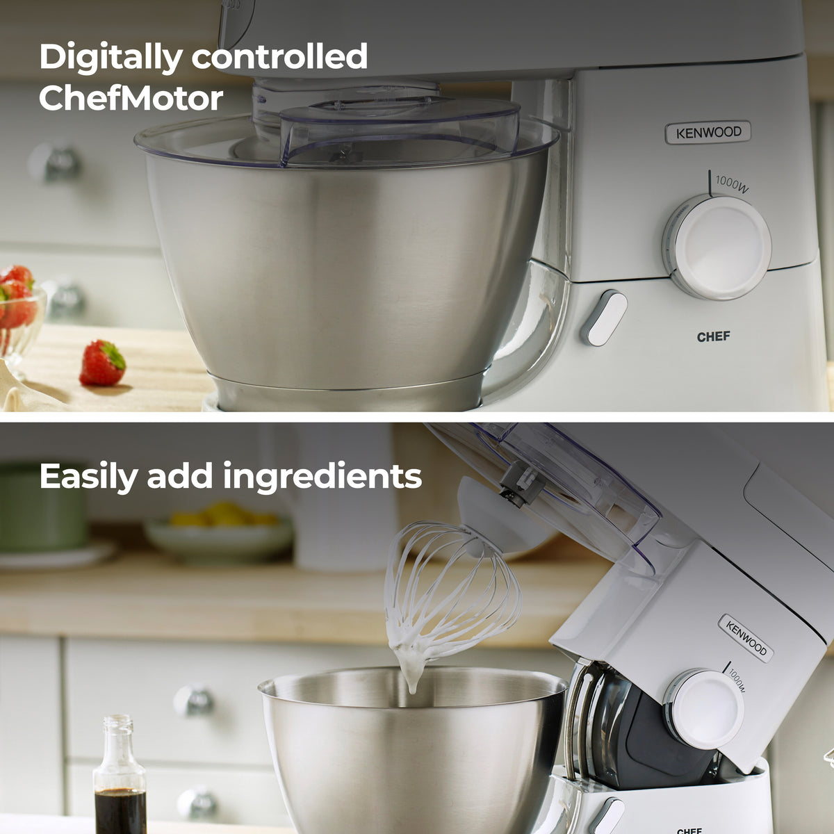 Kenwood 1000 Watt Chef Mixer with stainless steel bowl and whisk attachment mixing batter in a kitchen setting