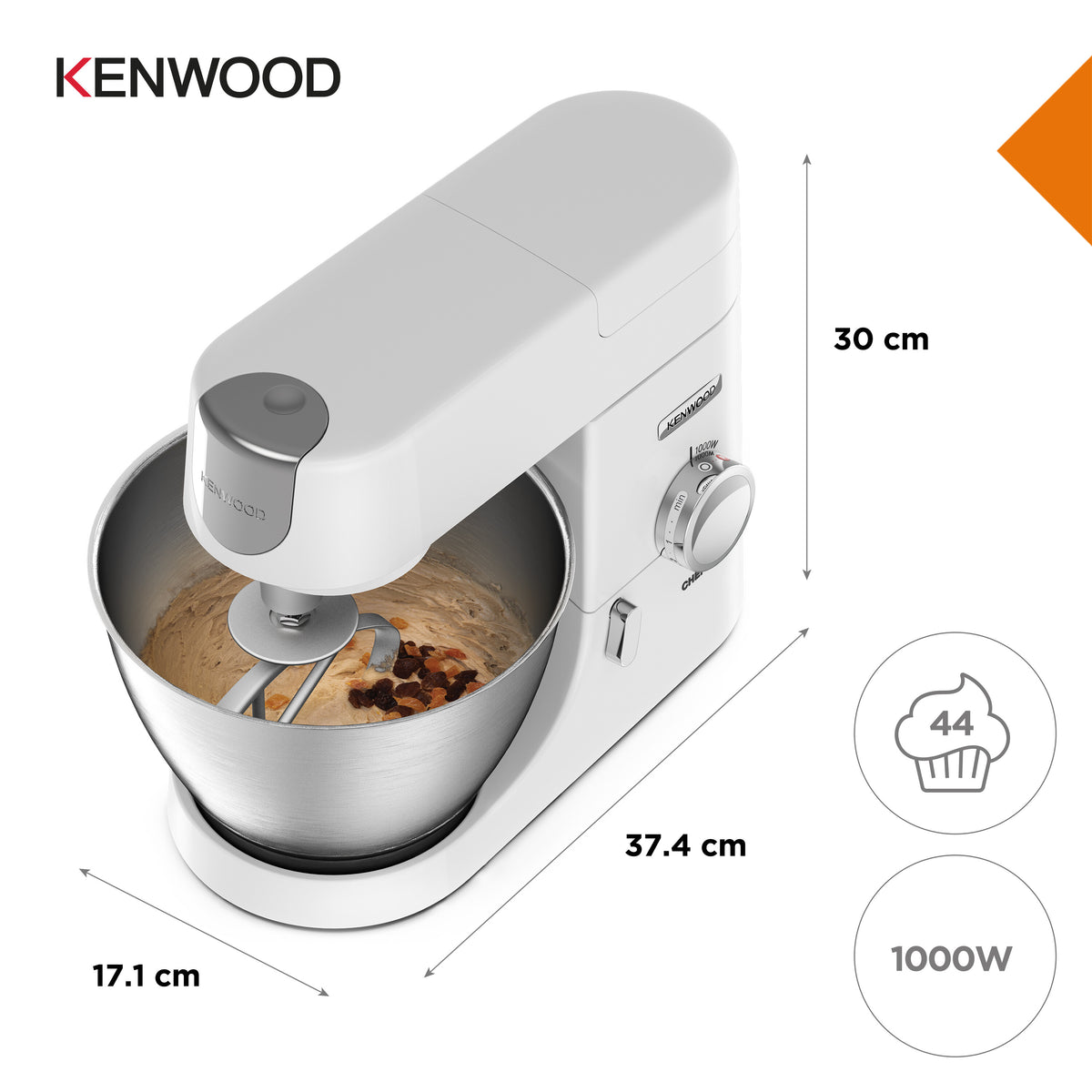 Kenwood 1000 Watt Chef Mixer KVC3100WH with dough and raisins in stainless steel bowl, side view with dimensions.