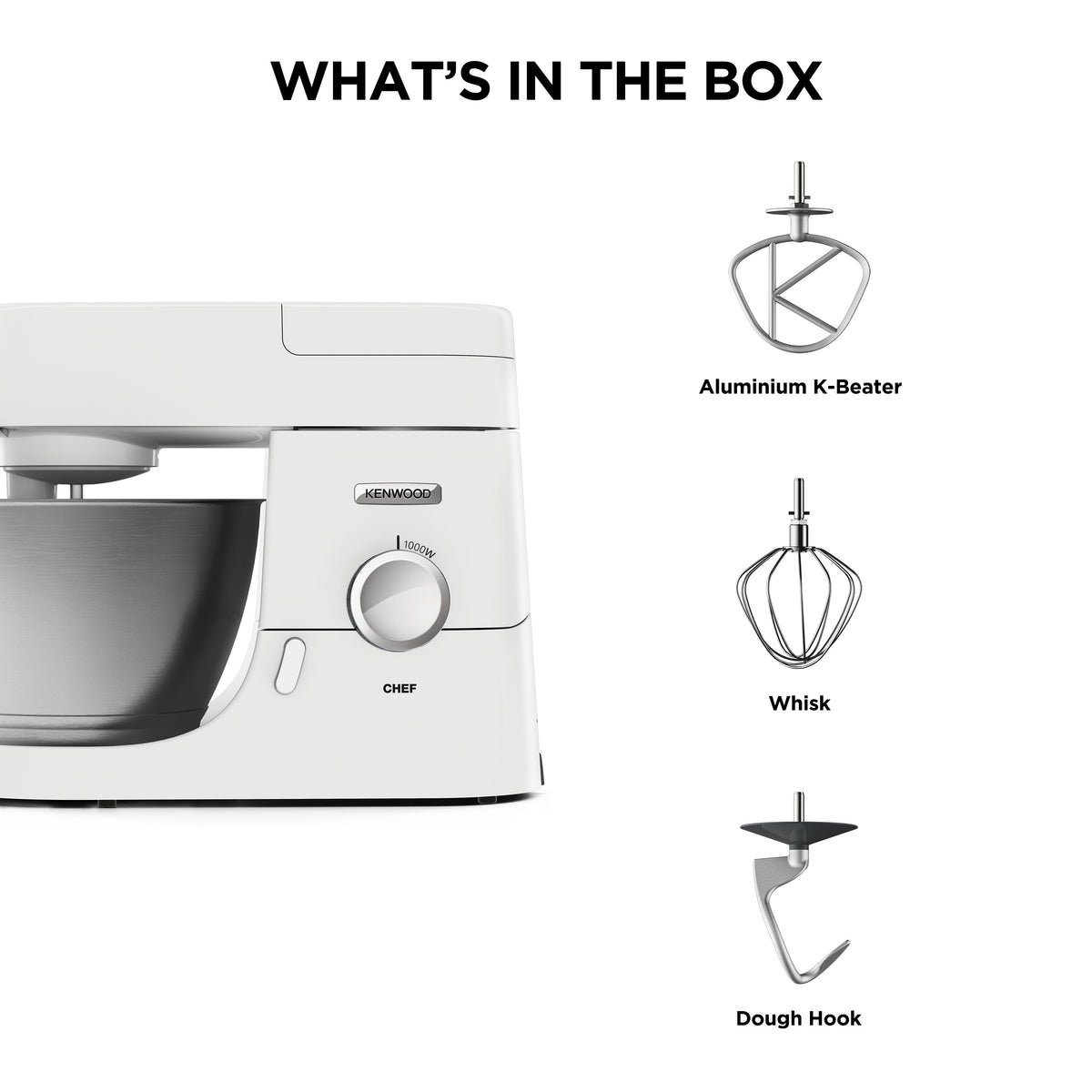 Kenwood 1000 Watt Chef Mixer in white with stainless steel bowl and three attachments on the right side