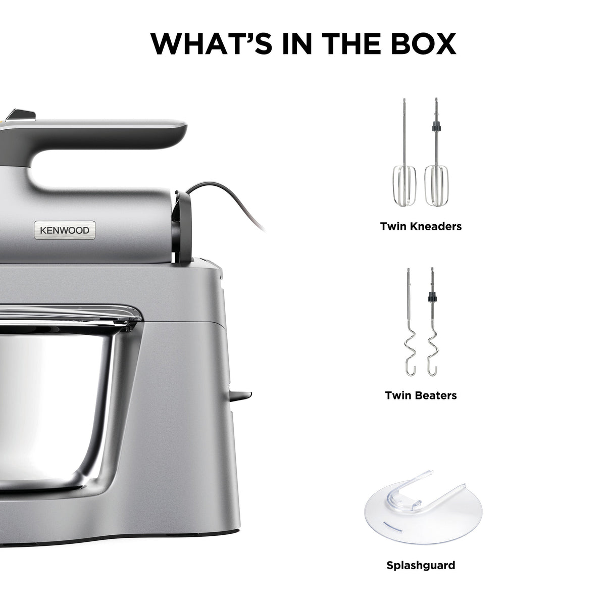 Silver Kenwood Chefette Mixer with twin kneaders, twin beaters, and a clear splashguard accessories shown
