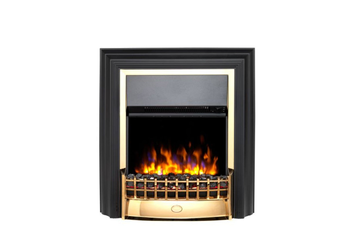 Dimplex Cheriton XLED electric fireplace heater with LED flame, real coals, remote, thermostat, black brass finish – Keans