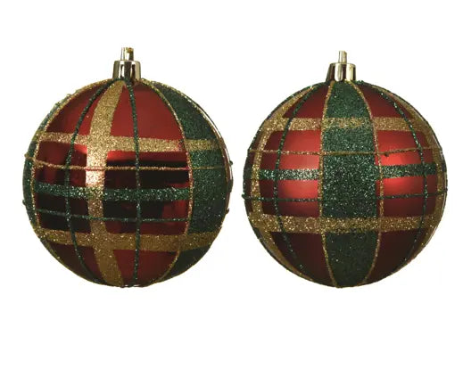 Christmas Red Bauble – Gold & Green Check Glitter Detail (2 Assorted Shiny &  Matt, 8cm) Keans Claremorris
