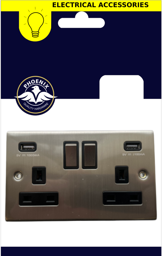 Chrome Nickel 2 Gang Switched Socket c/w 3.1A USB Keans Claremorris