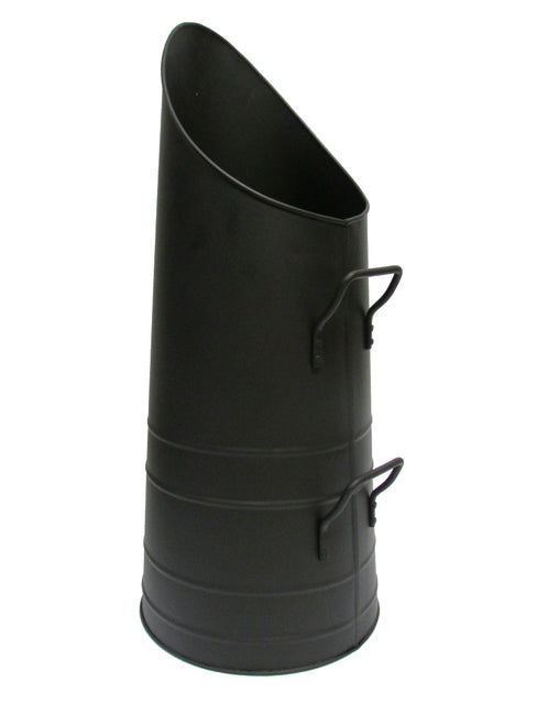 Matte black metal coal chute with twin handles, 56cm tall, durable fireside fuel holder from Keans Claremorris.