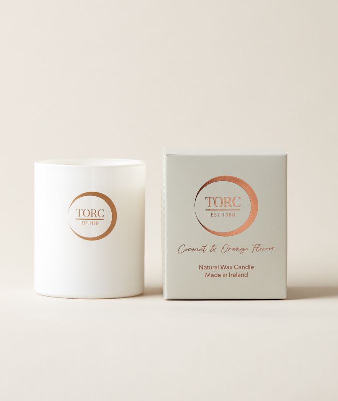 TORC Coconut & Orange Flower Candle in glass jar, sweet floral scent, 50-hour burn, cruelty-free, vegan – Keans Claremorris.