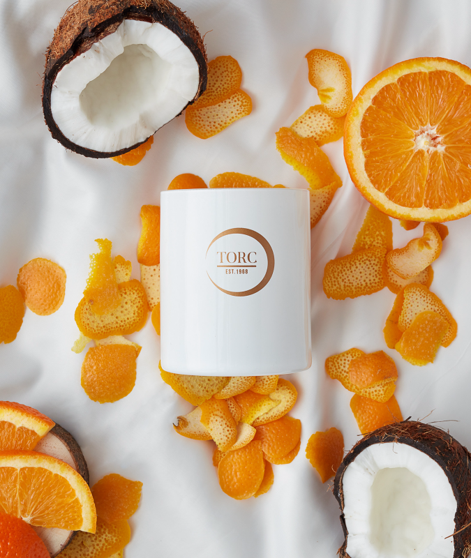 TORC Coconut & Orange Flower Candle with tropical scent, available at Keans Claremorris store.