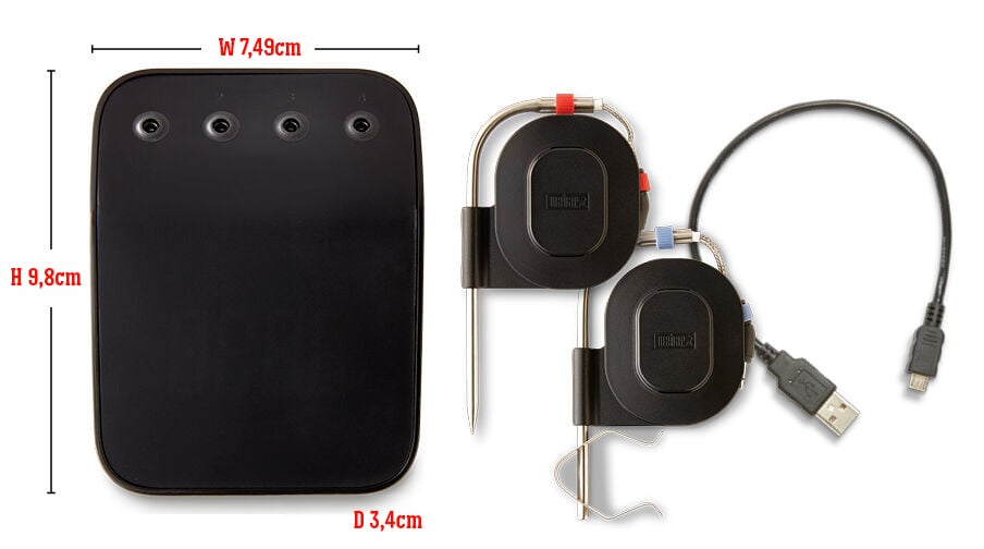 Weber Connect Smart Grilling Hub with two temperature probes and USB charging cable, shown with dimensions.