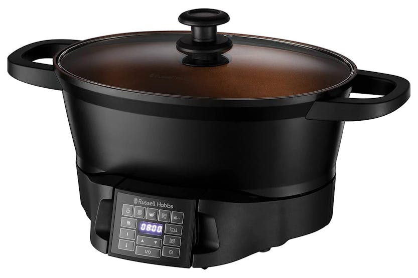 Russel Hobbs Slow Cooker 8 in 1 with black cast aluminium pot, glass lid, and digital control panel showing timer.