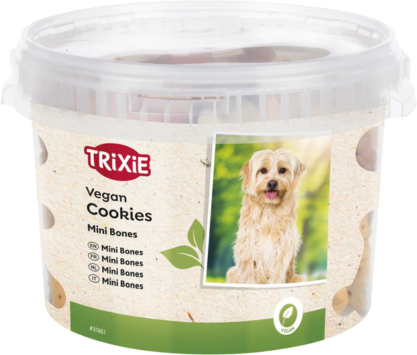 Tub of Trixie Vegan Cookies Mini Bones with a dog on the label