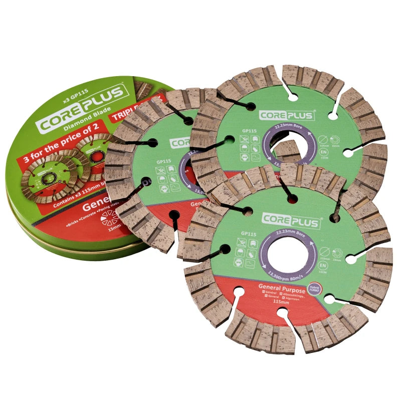 Three CorePlus 115mm hybrid turbo diamond blades fanned out next to a green and red metal storage tin.