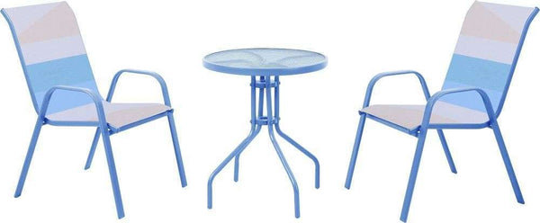 Costa Bistro Set 2x Blue Striped Chairs & Round Glass Table Keans Claremorris