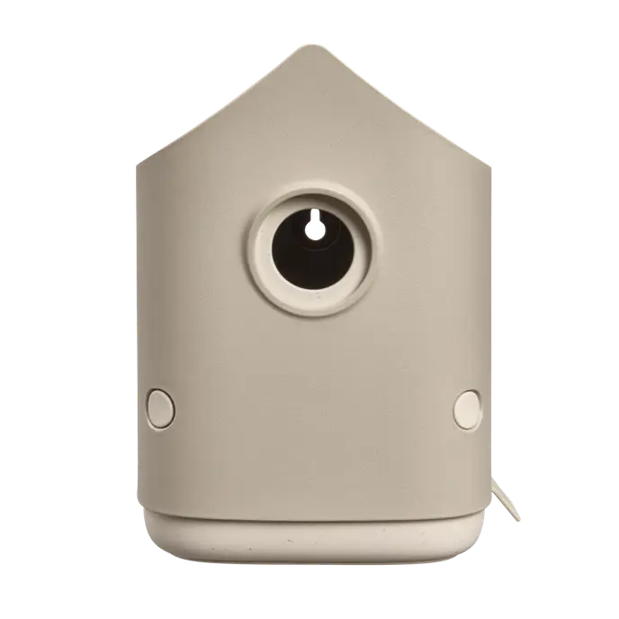 Beige mushroom-shaped cosy bird house with circular entrance hole, smooth surface, and rounded base.