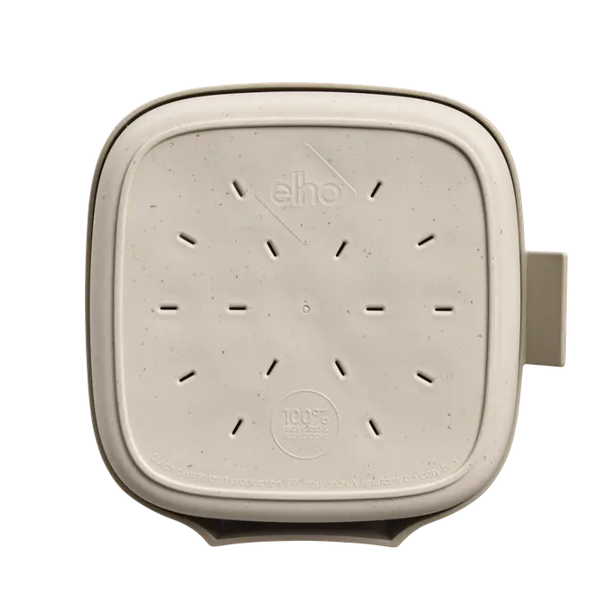 Top view of the beige Cosy Bird House 18cm Mushroom showing ventilation slots and a side mounting bracket.