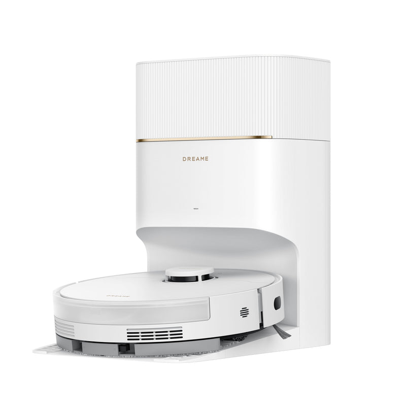 White robotic vacuum cleaner with a charging station on a white background