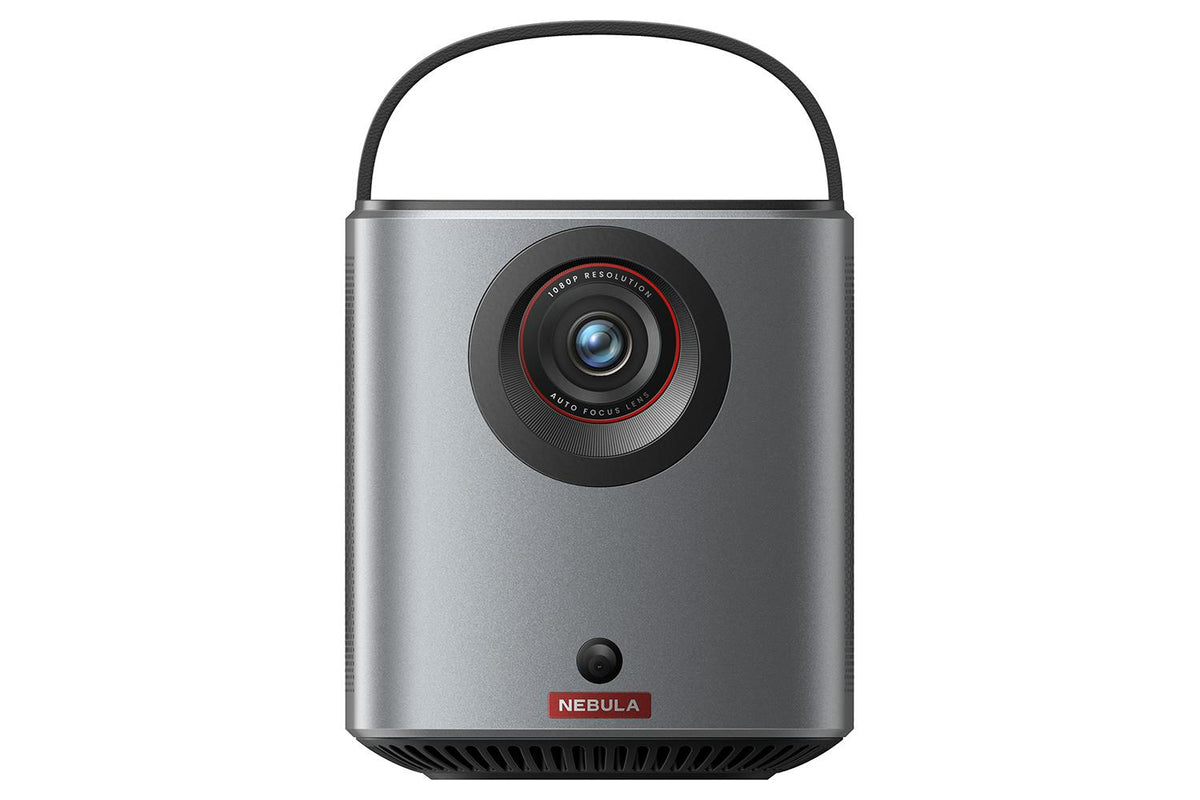 Front view of Nebula Mars Air portable projector in gray with lens, handle, and Nebula logo.