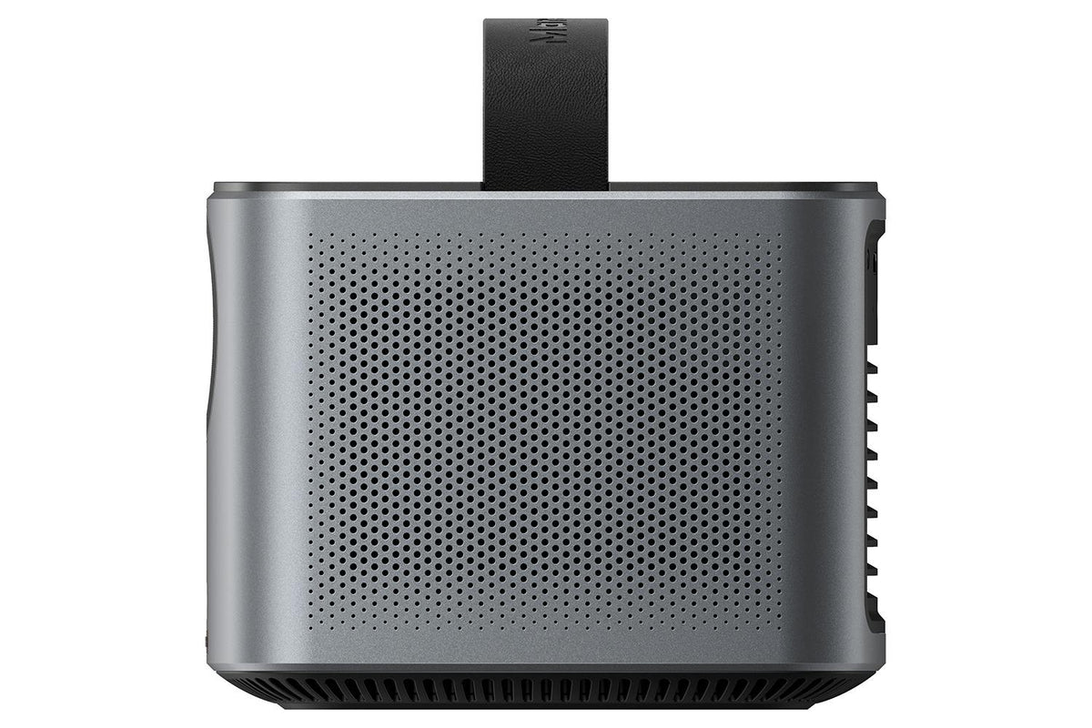 Nebula Mars Air portable projector in gray, front view showing perforated speaker grille and black strap handle