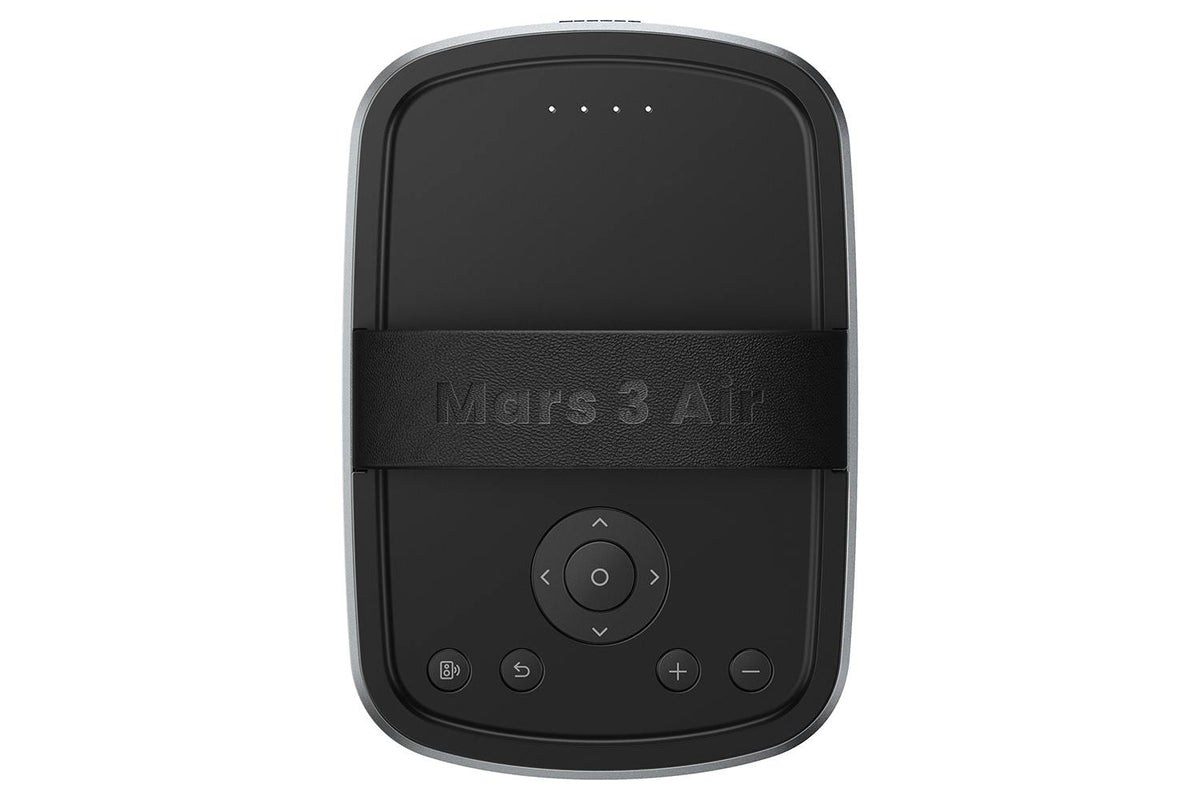 Nebula Mars Air projector top view showing control buttons and black strap with embossed Mars 3 Air text