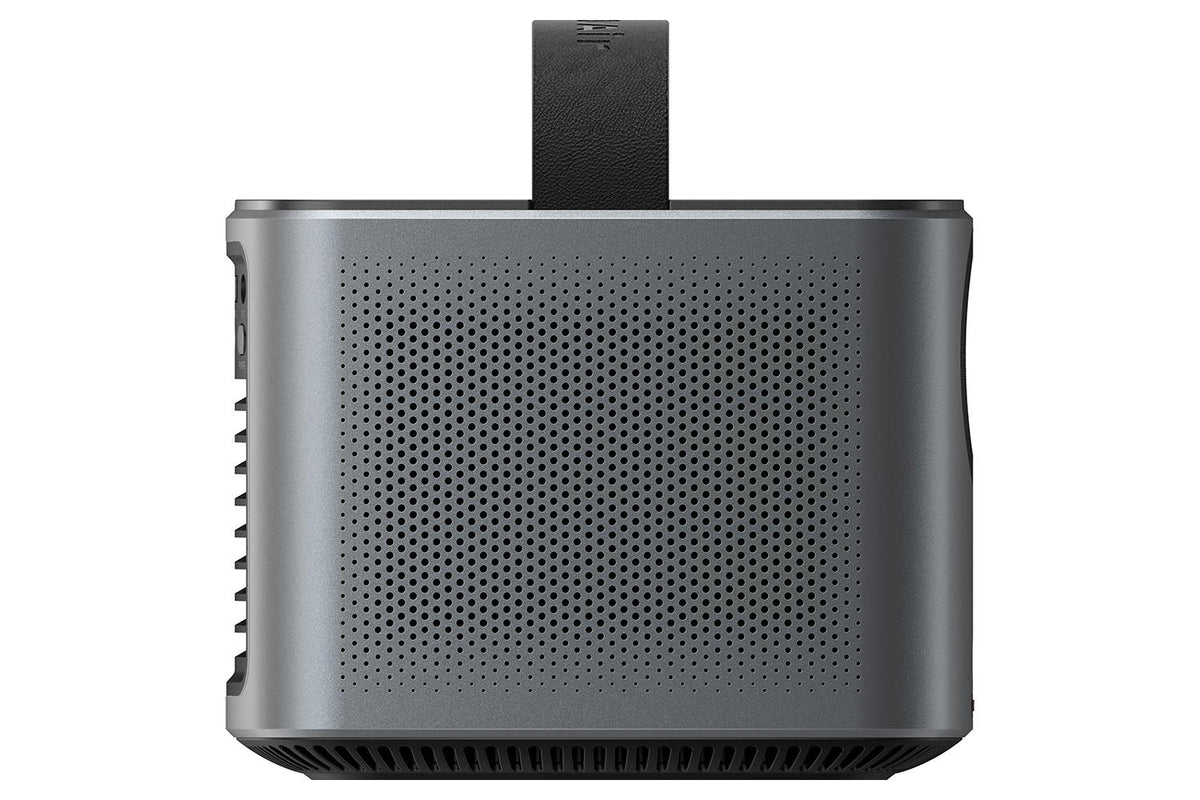 Nebula Mars Air portable projector in gray with perforated speaker grille and black carrying strap on top.