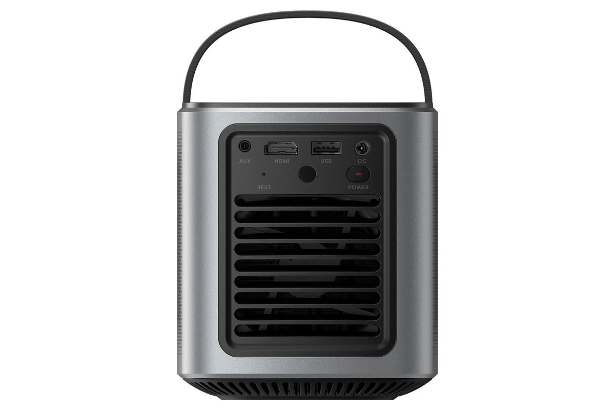 Back view of Nebula Mars Air projector showing AUX, HDMI, USB ports, power button, and ventilation grille.