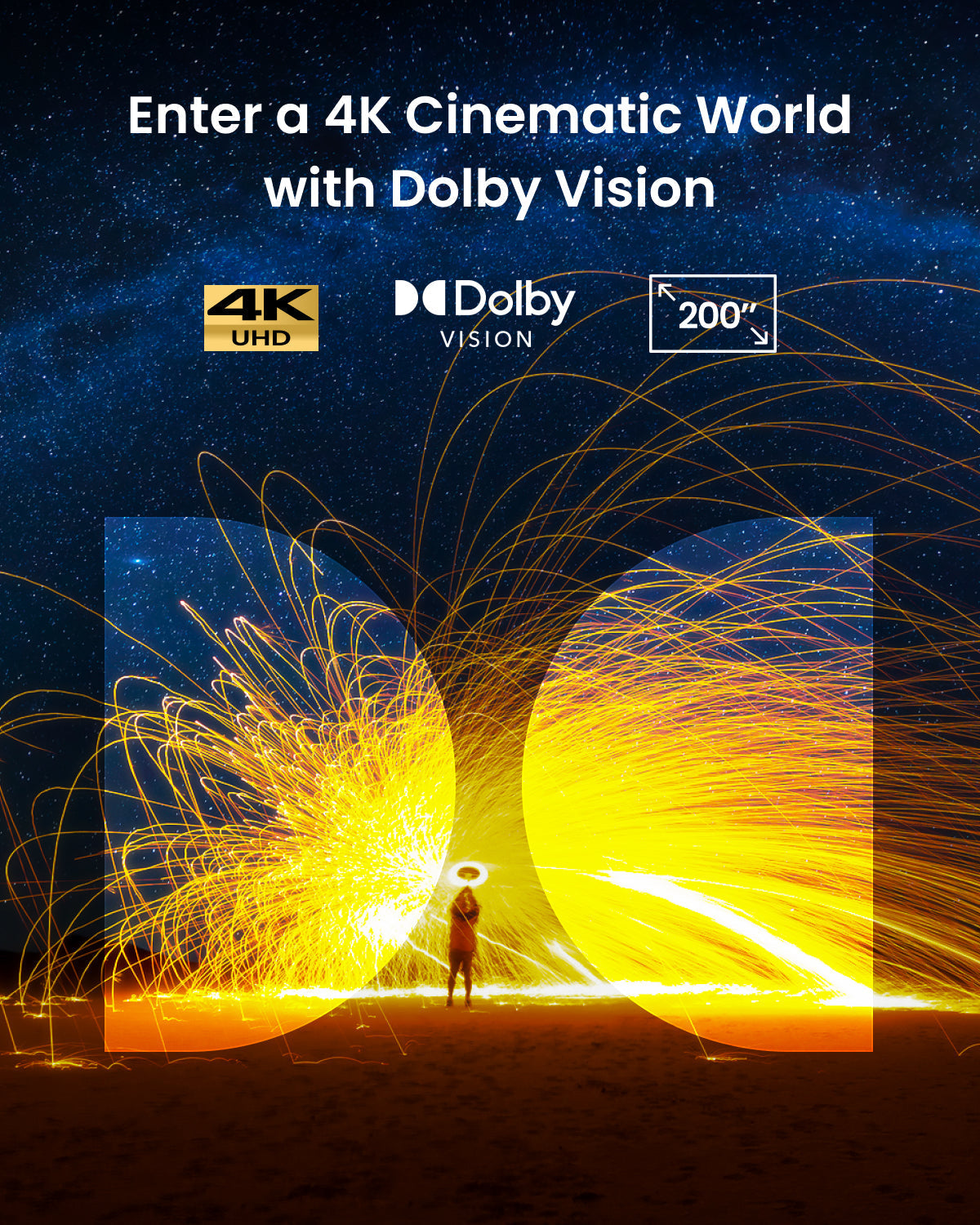 Starry night sky with bright yellow-orange light trails and text promoting Nebula Cosmos 4k SE features.