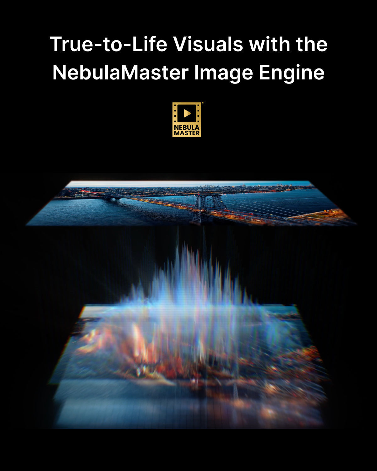 Nebula Cosmos 4k SE projector displaying a vibrant cityscape with a holographic light effect above the screen.