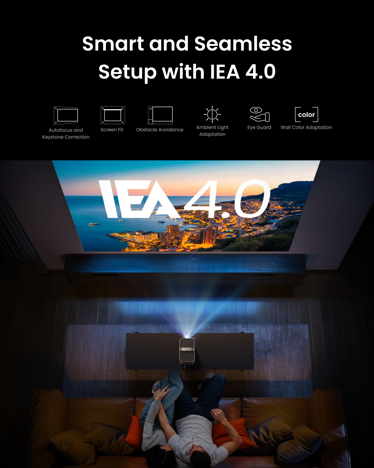 Couple lying on a couch watching Nebula Cosmos 4k SE projector displaying a cityscape with IEA 4.0 text.