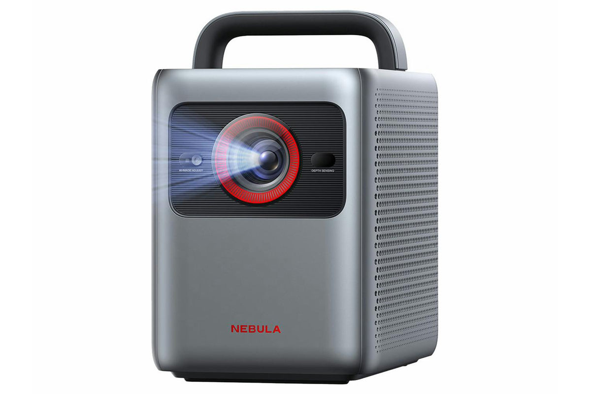 Nebula Cosmos 4K SE projector in grey with handle, lens emitting light, and ventilation holes on the side.