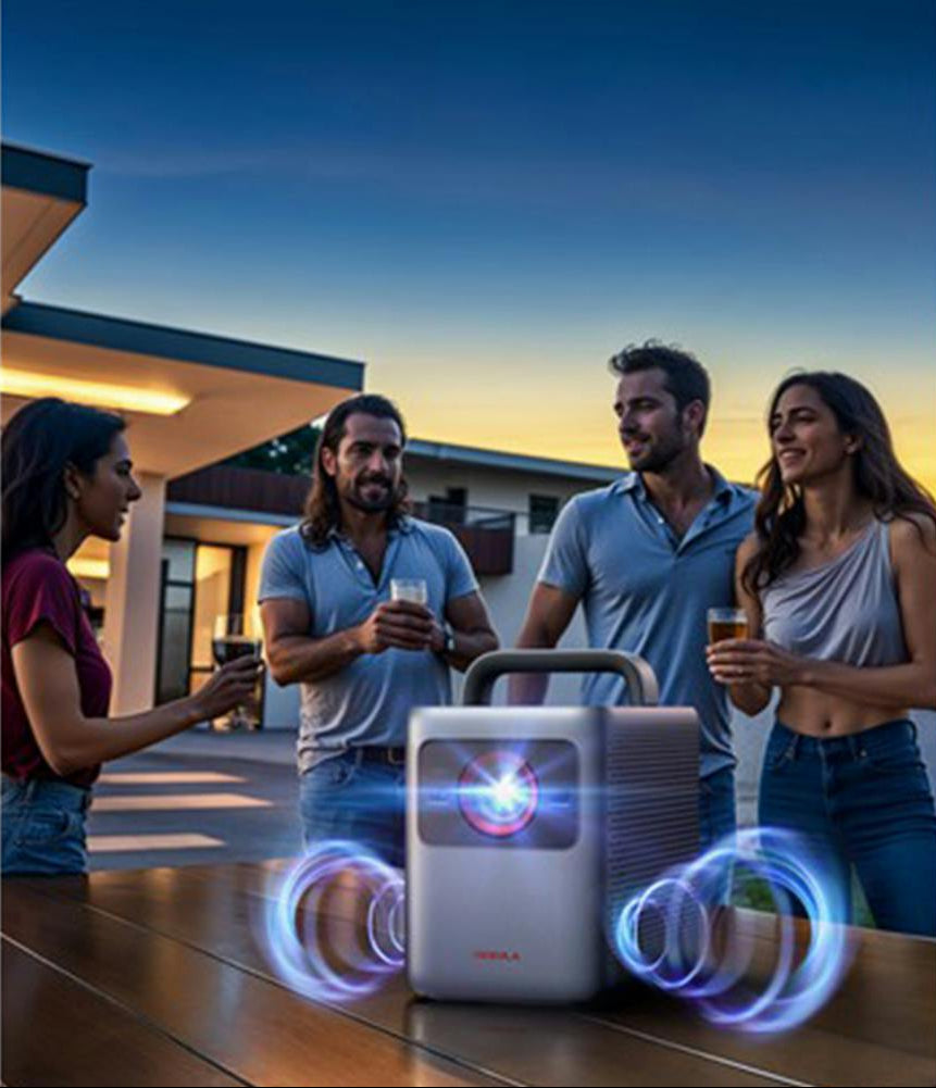 Nebula Cosmos 4k SE projector on a table with glowing speakers, people socializing outdoors at dusk.